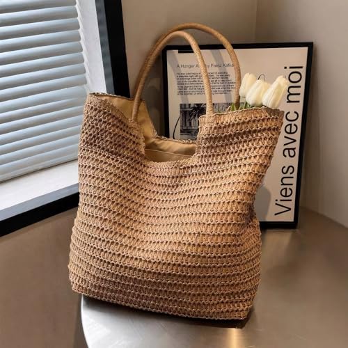 Image of Straw Beach Bags for Women, Shoulder Handbags, Summer Bag for Travel Vacation, Women Beaches Handmade Woven Tote Bag for Beach Picnic Vacation