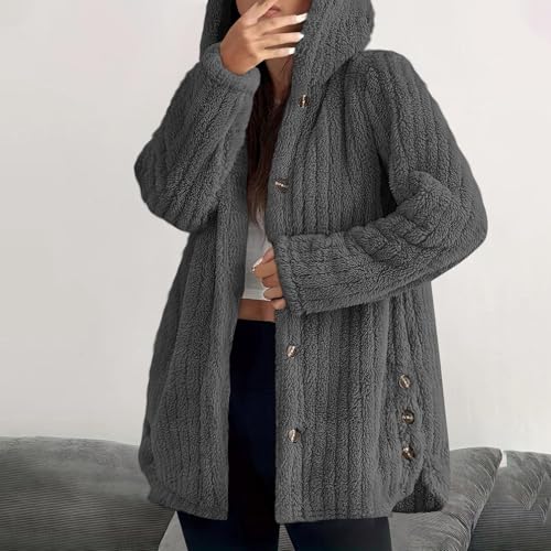 Women Winter Coats Hooded Button Down Coat Soft Casual Baggy Jacket Fuzzy Long Sleeve Loose Outerwear With Hood2