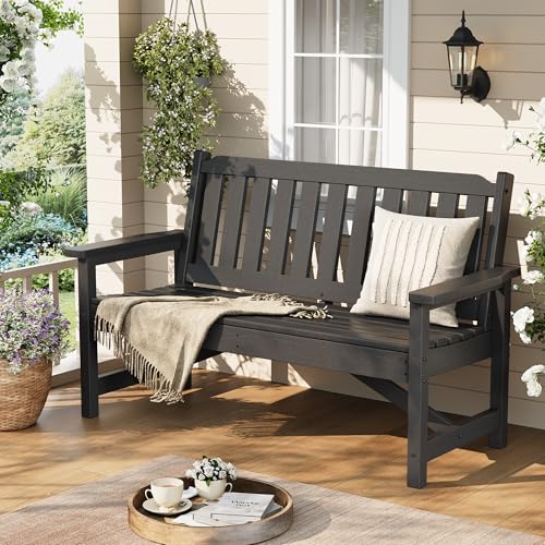 Image of Takywep 2‑Seater HDPE Patio Bench, Weatherproof Outdoor Bench, Garden Slatted Bench for Front Porch, Deck, Lawn, and Pool, Grey