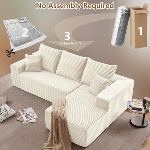 Image of 107 inch Cloud Sectional Couch with L-Shape Chaise, Modern Modular Comfy Sofa Chaise Longue, Upholstered Corduroy Couches Sleeper with Deep Seat for Living Room Bedroom, No Assembly Required, White