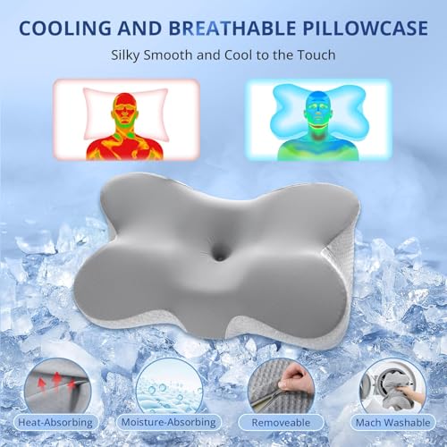 JOLLYVOGUE Cervical Neck Pillow for Pain Relief Memory Foam Side Sleeper Pillow with Cooling Pillowcase, Ergonomic Design for Back Stomach Sleepers, Large, Grey