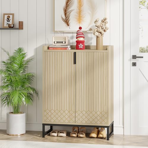 Image of Tribesigns Shoe Cabinet with Doors,Natural 5 Tiers Shoe Storage Cabinet for Entryway, 25 Pairs Wooden Shoe Rack Cabinet, Modern Shoe Organizer Storage for Living Room, Bedroom, Hallway, Closet