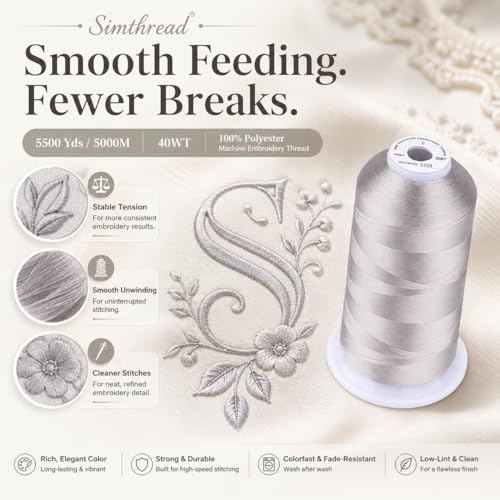 Image of Simthread 5500Yds /5000M 40WT Polyester Embroidery Thread Powder Gray S103 | High-yardage 5000M spool offers smooth feeding and stable 40WT polyester thread for home and commercial embroidery machines.