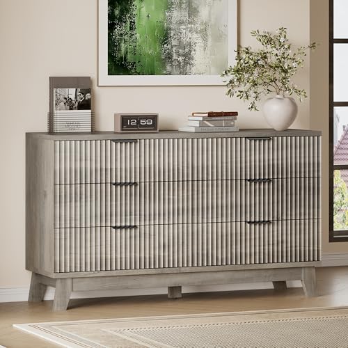 Image of BORNOON 53 inch Long Dresser for Bedroom, 6-Drawer Dresser with Fluted Fronts, Wide Wood Chest of Drawers, Smooth Metal Slides, Stable Base, Modern Clothes Storage Cabinet for Living Room, Hallway