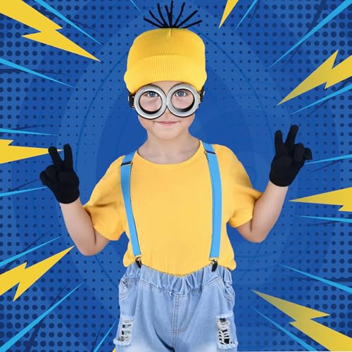 Buufan 202407 4Pcs Halloween Costume Accessories Kids Steampunk Goggles Glasses Blue Y-Back Suspenders Yellow Beanie Hats Black Gloves Perfect thumb #5