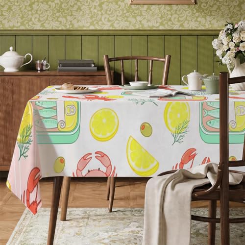 Mantel rectangular con diseño de cangrejo, diseño de pez limón costero, verano, color rojo, resistente a las manchas, lavable, para organizar fiestas, artículos esenciales para cocina y comedor, 152 x