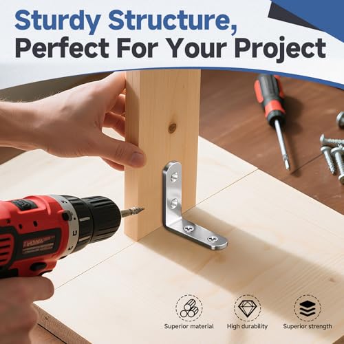 Image of 100PCS L Bracket Corner Brace, Stainless Steel L Brackets for Wood Shelves