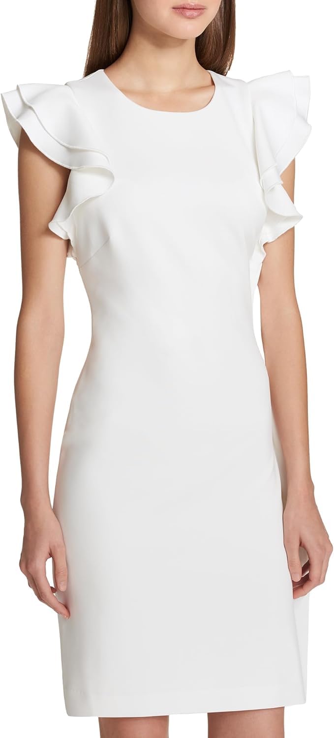Tommy Hilfiger Women's Sleeveless Ruffle Hem Jewel Neck Crepe Sheath Mini Dress