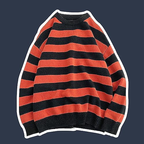 Mens Striped Sweater Knit Ribbed Color Block Fall Pullover Round Collar Jumper Tops Long Sleeve Loose Sweater2
