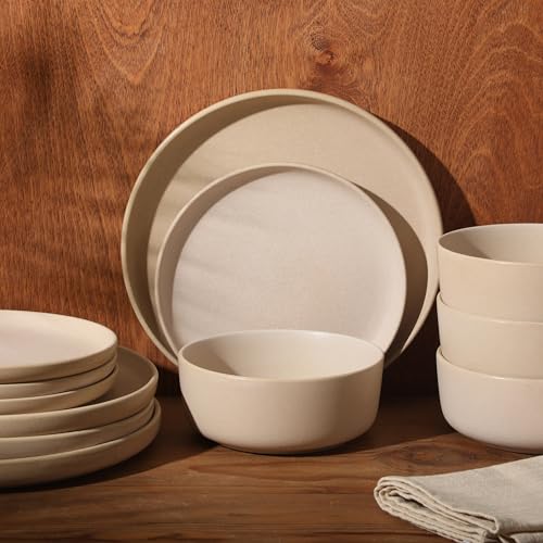 Image of Gibson Elite Pasco 12 Piece (Service for 4) Plates and Bowls Reactive Glaze Dishes Stoneware Ceramic Dinnerware Set - Taupe