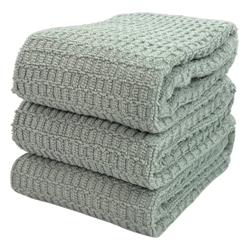 Serafina Home Waffle Sage Light Green Kitchen Hand Dish Towels 100% Cotton Cloth Soft Cleaning Drying Absorbent Terry Box Loop: Set of 3 Multipurpose for Everyday Use (Sage Box)