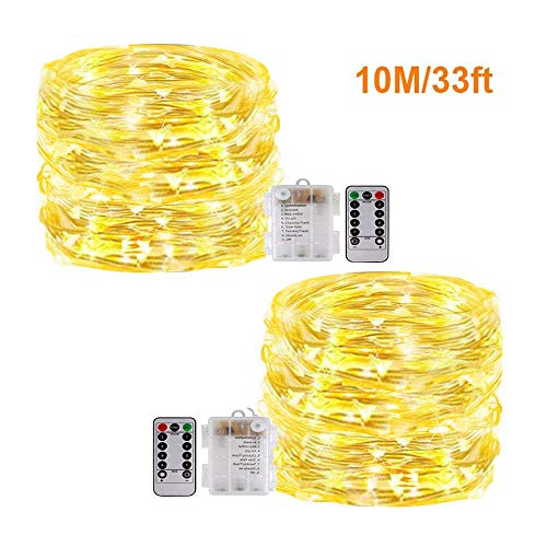 Preisvergleich Produktbild Feenhafte Lichterketten mit Fernbedienung, [2Pack 33Ft] Vikdio Wasserdichte 100 Leds Sternenlichter 8 Modi Batteriebetriebene Silberdraht Lichter für DIY Hochzeit, Schlafzimmer, Garten (warmes Weiß)