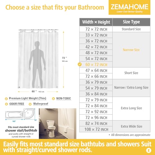 Image of ZEMAHOME Narrow Size Clear Plastic Shower Curtain Liner, 60x72 Inch Thin Lightweight Transparent Plastic Bathroom Shower Showroom Inner Curtain with Rustproof Metal Grommet Holes and Weighted Magnets
