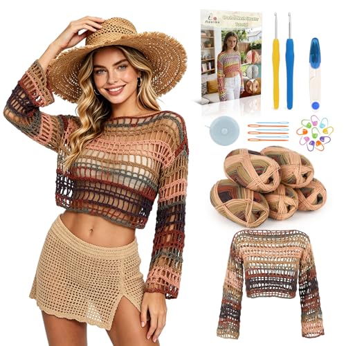 Image of Aeelike Beginner Crochet Kit for Adults, Crochets Set w Ombre Cotton Yarn & Step-by-Step Video Tutorials, Boho Coverup Sweater Mesh Top for Women Ideal DIY Gift Crochet Kit for Beginners,Boho Brown