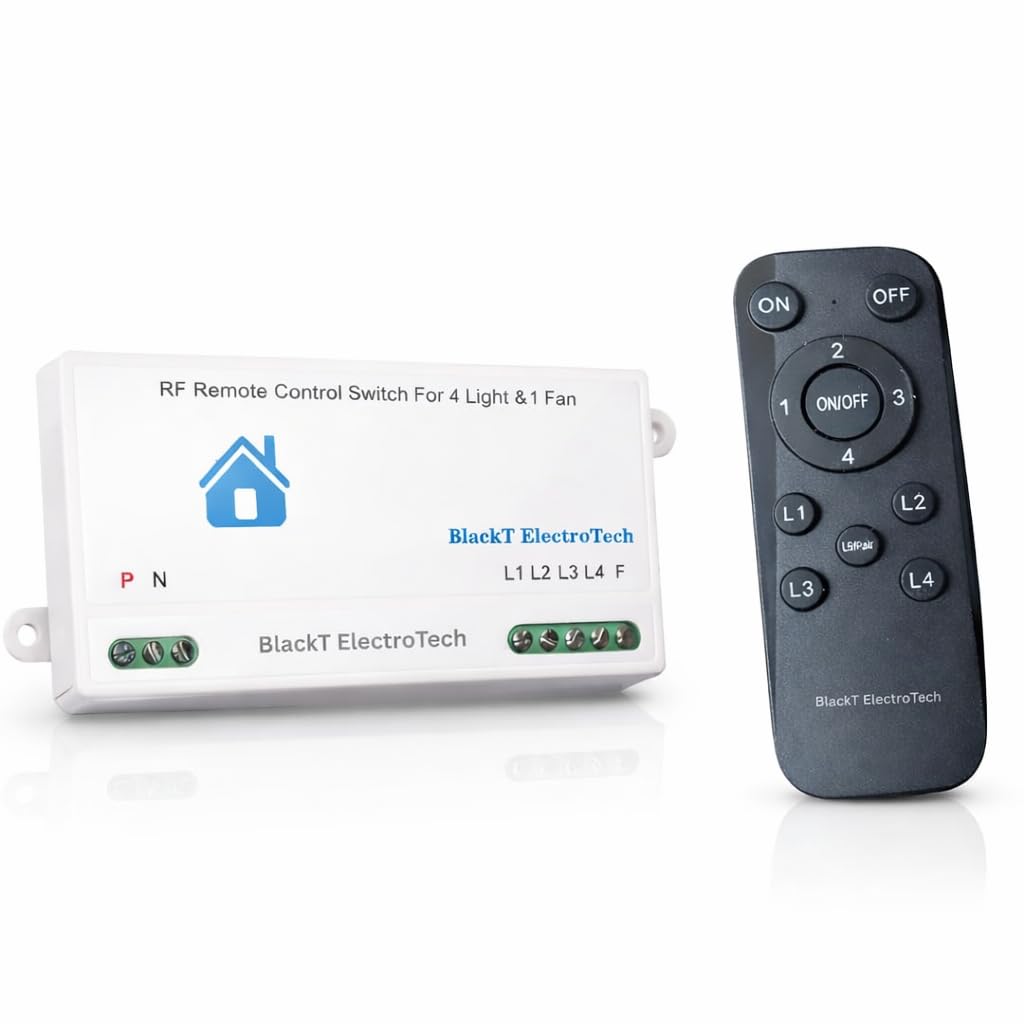 Blackt Electrotech Update Wireless Remote Control Switch System for 4 Lights and 1 Fan Speed Regulation Long Range (RF Remote) 230 V, White