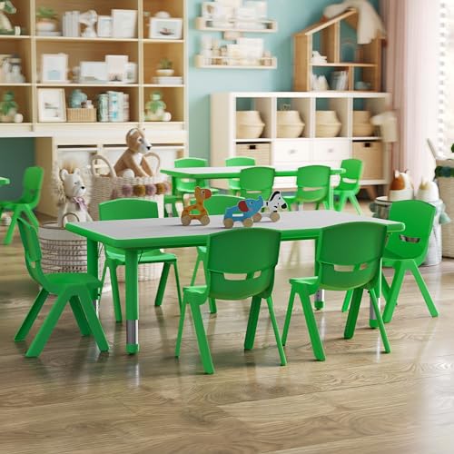 Image of Flash Furniture Kids 47.25x23.6 in Activity Table with 6 Chairs, Green /Gray