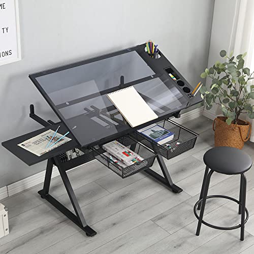 Drafting Tables, Height Adjustable Glass Drawing Art Table, Tilting Tabletop Paintings Work Station Study Table With Storage Drawers/Chair For Home Office School Study Room (Black) #TOP5