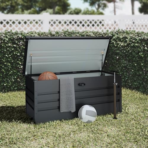 Hoggar - Gartenbox Metall XL 450 Liter - Robuste Stärke 0,40mm – Wetterfest Outdoor - Schlüssel enthalten - Klappbarer Deckel - Inklusive Boden - Gartentruhe Wasserdicht - 120x61x62cm