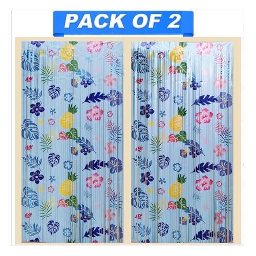 Image of Hawaiian Cartoon Birthday Party Decorations Backdrop 2 Pack Blue Hawaiian Pattern Foil Fringe Curtains Streamers Photo Booth Props for Cartoon Movie Luau Summer Birthday Party Supplies Decorations