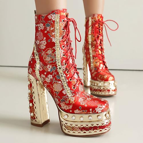 Feinlina Cowgirl Block Heel Ankle Platform Boots for Women Red Embroidered Fabric Gemstones Closed Toe Dress Wedding Party Booties3