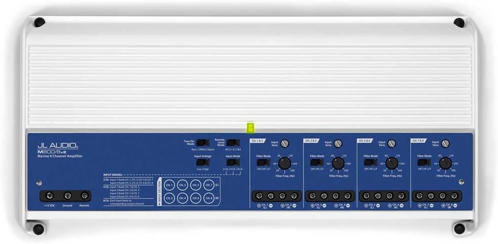 Top view of the JL Audio M800/8 V2 marine amplifier, showing the control panel with input mode switches, filter settings, and gain controls for each channel pair.