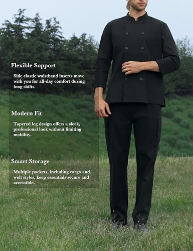 Tapered Chef Pants with Side Elastic Waistband and Cargo Pockets – Professional Kitchen Work Pants4