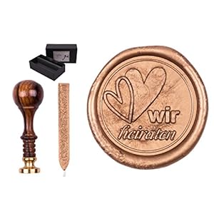 Siegelstempel Set“Sigillum“ Hochzeit mit Gravur“Wir heiraten“ mit Herzen, incl. 1 Stange Siegelwachs