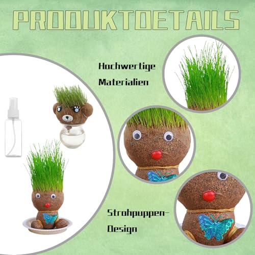 2 Stück Graskopf, Blumentopf Kopf Graskopf Haarwuchs Spielzeug Mit Tablett Mini Bonsai Gras Kopf Figure Puppen Für Geburtstag Urlaub Muttertag Freunde Liebhaber Familienmitglieder