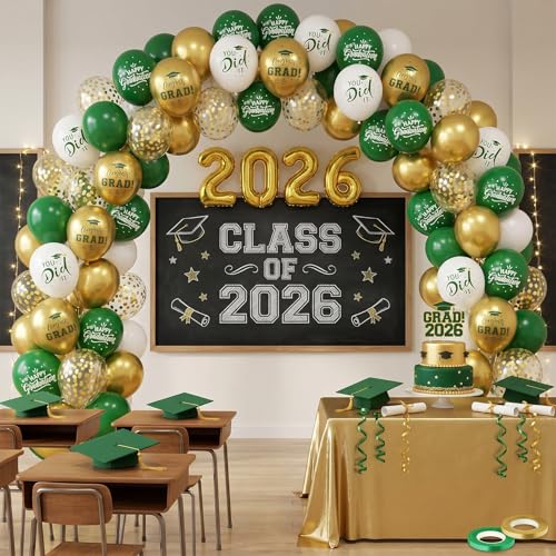 Image of Graduation Balloons, 50 Pcs Green Gold for Class of 2026 Grad Party Decor