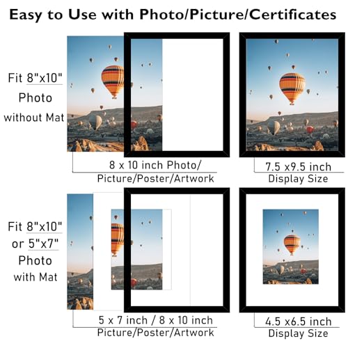 Image of 8x10 Picture Frame Black with 5x7 Mat for Wall Hanging or Tabletop, Display Photo 5x7 with Mat or 8x10 without Mat, 8 by 10 Wall Gallery Poster Photo Frame with Shatter Resistant Plexiglass, Black