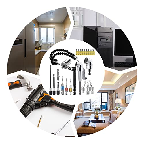 Yenjo 26 Pcs Flexible Drill Bit Extension Set With 2 Pcs 105°Angle Drill Bit Extension, 1/2 3/8 1/4 Inch Universal Socket Adapter & Drill Bit Holder & Universal Socket Grip & Screwdriver Bit Kit #TOP5