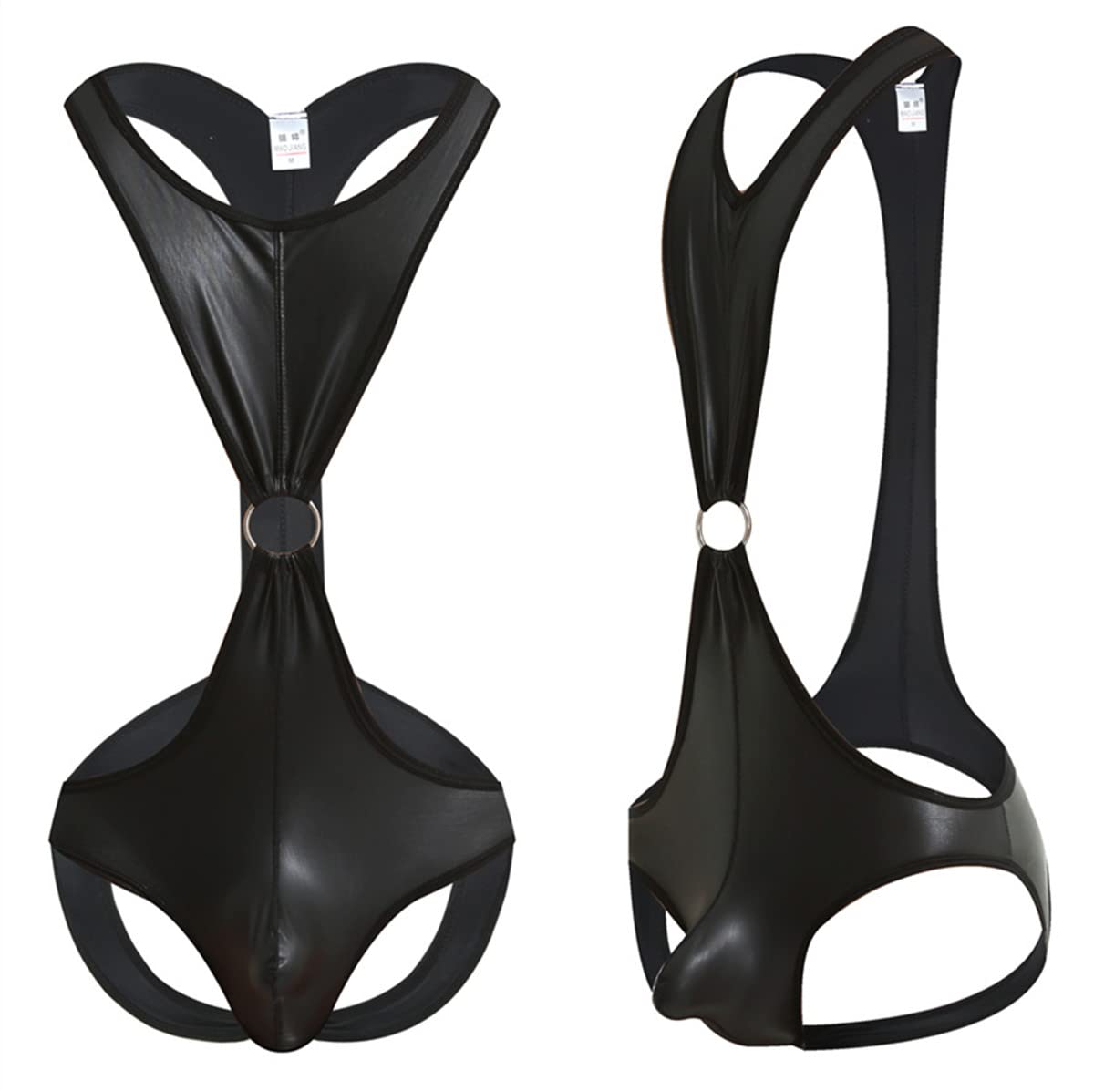 DingMi Men's Patent Leather One-Piece Jockstrap Leotard Jumpsuit Wrestling Singlet Bodysuit Open Butt Underwear (Black 1, Large)