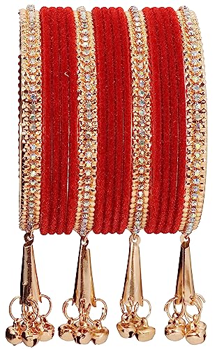 Image of NMII Metal with Zircon Gemstone and Velvet Studded Bells Latkan Bangles Set For Girls and Women I Latkan Bangles, Premium Bangle Bracelet Set I Pack of 16 Bangles