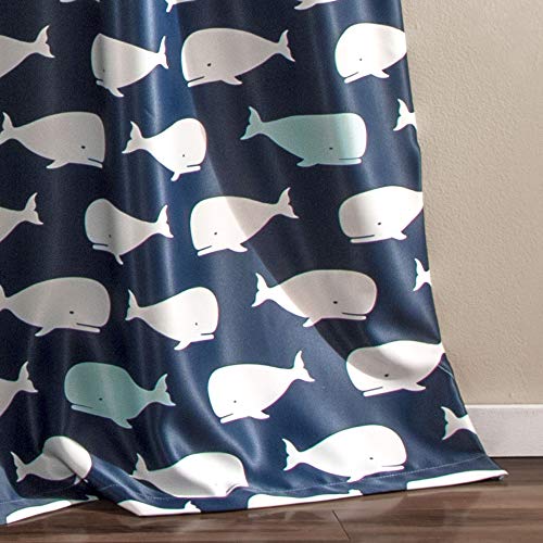 Lush Decor, Navy Whale Curtains-Animal Ocean Print Design Room Darkening Window Set For Living, Dining, Bedroom, Panel Pair 84 In X 52 #TOP3