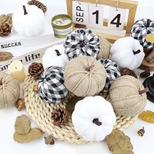 SITUMEIZI 12 Pcs Pumpkins Fake Harvest Velvet Pumpkin White Black Small Faux Fabric Foam Pumpkin for Fall Decor Wedding Thanksgiving Halloween Home Farmhouse DecorationBurlap