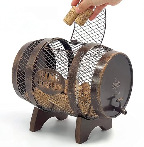 Makuvine Rustic Metal Large Barrel Wine Cork Holder Display On Wooden Stand, Container for Display,...