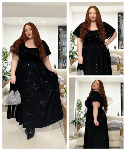 Image of RITERA Plus Size Dresses for Curvy Women Square Neck Short Sleeve Summer Floral Smocked Maxi Dress with Pocket XL-5XL