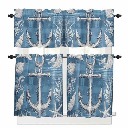 Blue Nautical Anchor Kitchen Curtains 24 Inch Length, 3 Piece Rod Pocket Small Half Tiers and Valance Set, Summer Coastal Ocean Coral Small Large Window Treatment Decor for Bedroom/Bathroom Sink