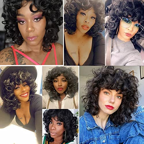 andromeda Curly Wigs for Black Women Soft Black Short Curly Wig with Bangs Afro Loose Curls Heat Resistant Synthetic Wig for African American Women (Black) - Image 7