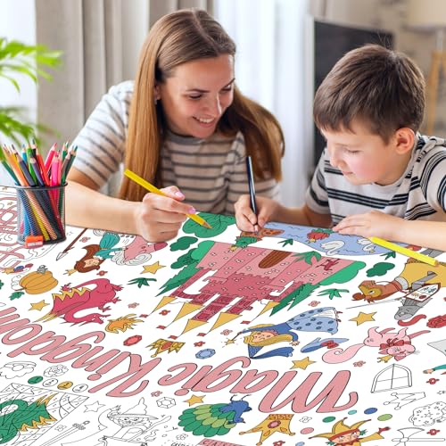 Image of Magic Kingdom Giant Coloring Poster for Kids 30 x 72 Inch, Princess Large Coloring Poster Tablecloth, Fairy Themed Color-in Activities Games for Kids School Classroom Home Party Supplies Decorations