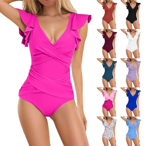 Traje de baño de una pieza para mujer, con volantes, sin mangas, cuello en V, traje de baño entrecruzado fruncido, traje de baño de cintura alta con control de abdomen, elegante, color sólido, ropa de
