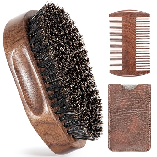 GROOMAGE 3PCS Beard Brush Comb Set for Men, Black Walnut Wood Dual Beard Comb & Case, Men's Natural Wooden Mustache Brush Kit - Medium Hardness