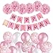 MMTX Decoración de Cumpleaños para Niña, Rosa Feliz Cumpleaños Conjunto de Pancartas de Feliz Cumpleaños con Globos Rosados y Pompones de Papel Tisú Para Niña
