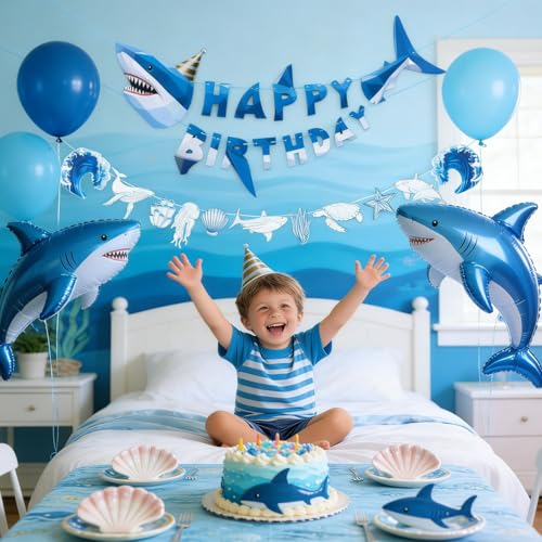 Image of SUNBEAUTY Shark Birthday Party Decorations Shark Happy Birthday Banner Ocean Theme Hanging Shark Garland Under The Sea Pre-strung Shark Birthday Banner for Boys Baby Shower Beach Summer Pool Party（Blue）