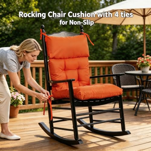 Image of QILLOWAY Outdoor Rocking Chair Cushions Set of 4, 100% Polyester Waterproof Patio Rocking Chair Cushion, High Back Weatherproof Chair Pad for Adirondack & Outdoor Furniture, Orange