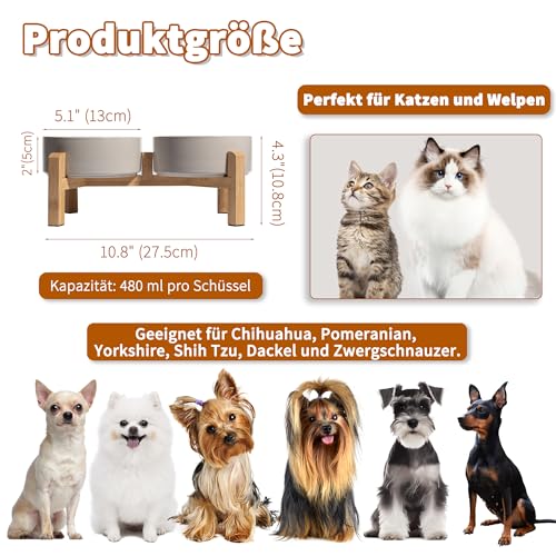 Hundenapf Set Erhöht Hunde Napfset - Doppel Napf Hund Keramik mit rutschfestem Ständer - Futterstation Hund - Hundenäpfe 2er Set für Futter und Wasser - Ideal für Kleine Hunde und Katzen - 2 x 480 ml
