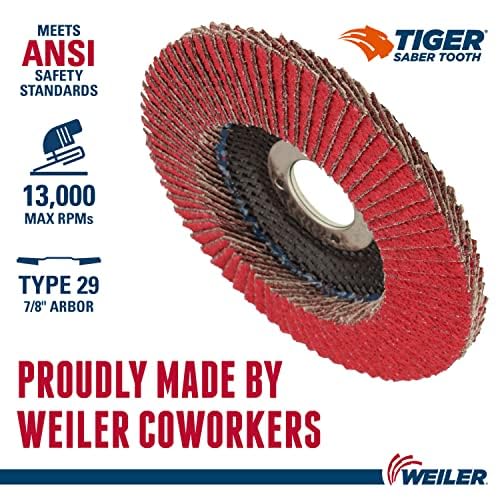 Image of Weiler 50103 Saber Tooth 7 /8 inch Arbor, 4-1 /2 inch Diameter, 80 Grit, Ceramic, Phenolic Backing, Angled Abrasive Flap Disc (Pack of 10)