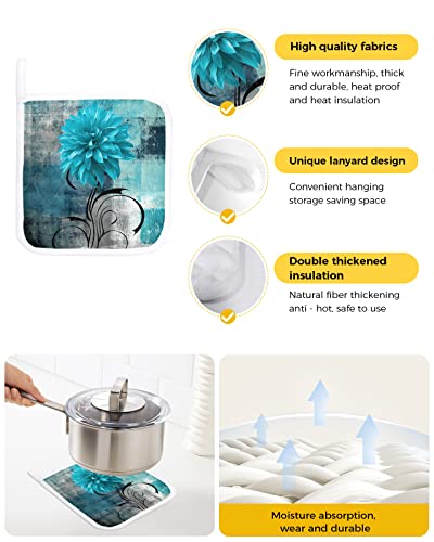 4 Pack Pot Holders For Kitchen,Blue Green Gradient Teal Turquoise Dahlia Floral Heat Proof Potholder Hot Pads Trivet,Flower Abstract Art Oil Painting Washable Coaster Potholders For Cooking Baking #TOP1
