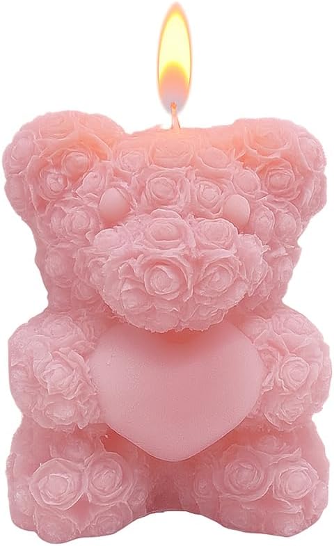 30 PCS Mini Rose Teddy Bear Candle, Teddy Bear Candl Rose Handmade Soy Wax Valentine's Decorative Candles for Table Photo Prop Wedding Birthday Gift (Pink)