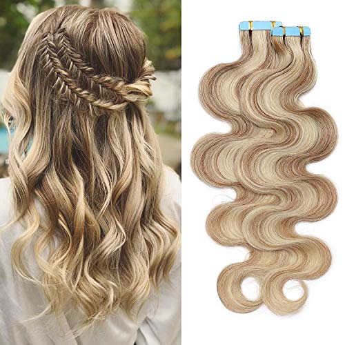 S-noilite 18" Body Wave Human Hair Tape in Extensions 100g 40pcs Invisible Seamless Weft Wavy Tape Extensions Real Hair Double Sided Rooted Remy Human Hair #12/613 Body Wave-Golden Brown/Bleach Blonde
